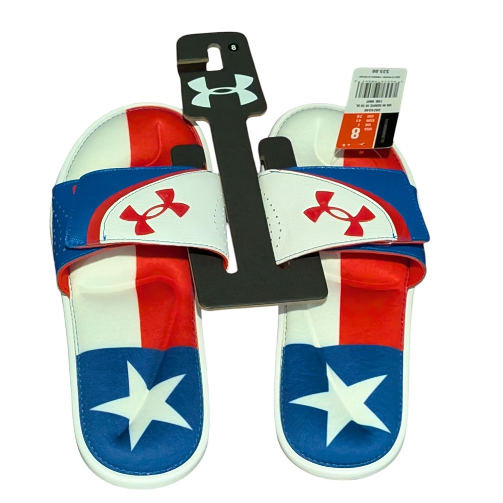 Under Armour Red and White Sandals Active Adventures Texas Flag Slides men sz 8